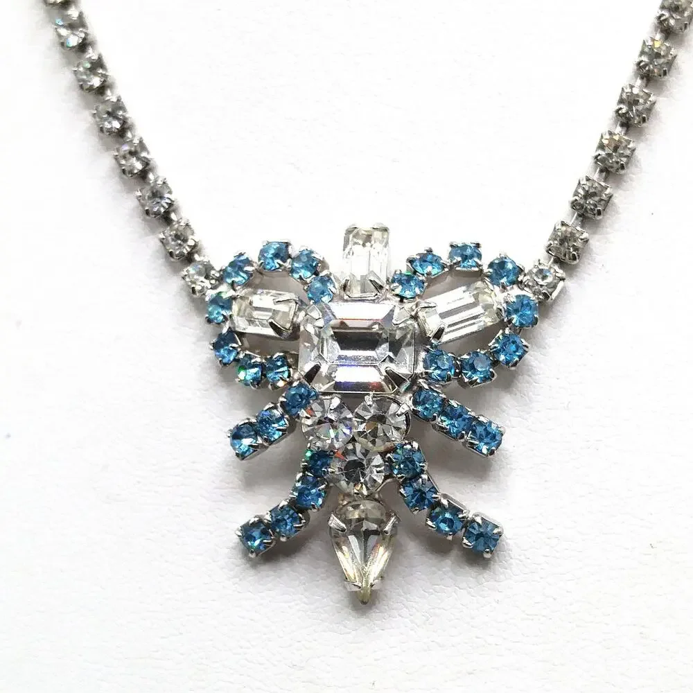 Mid-Century Turquoise Blue Clear Rhinestone Choker Necklace, Rhodium Plated